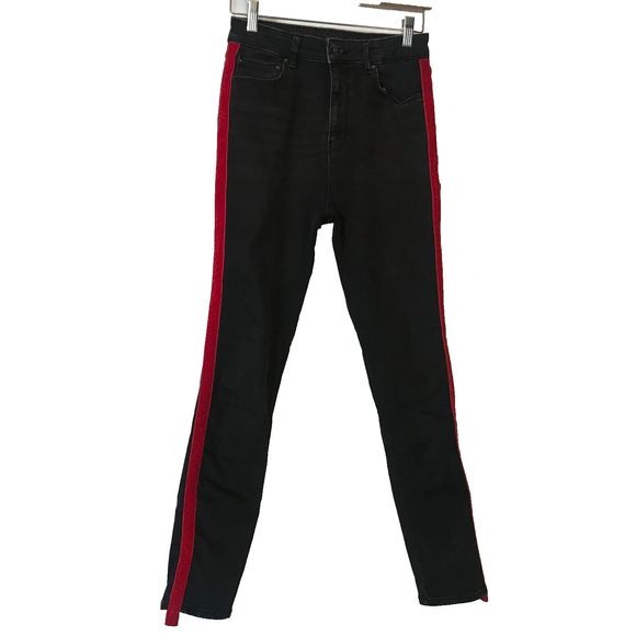 Zara Womens Skinny Jeans Blue Red Stripe 5 Pocket Zipper Denim Casual Pants 6 - Picture 1 of 9